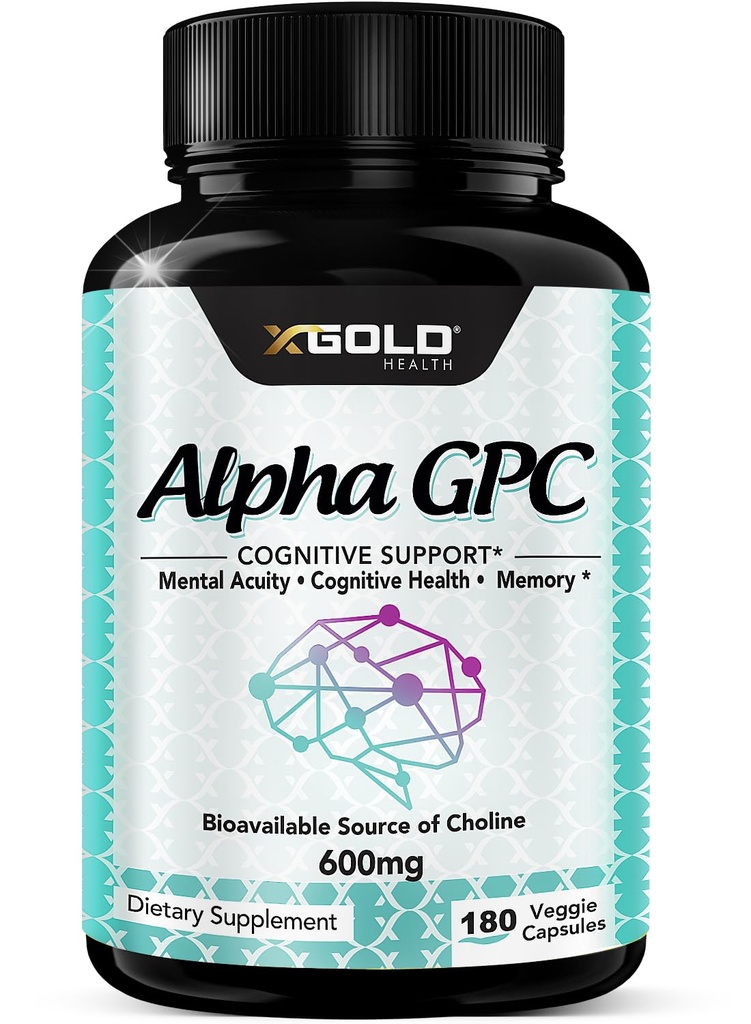 Suplemento de la línea alfa GPC 600mg, 99%+ Fuente de Choline altamente purificada, altamente biodisponible, 180 cápsulas vegetarianas, cognitivo enhancer nootropic, soporta la función de memoria " cerebro, Boost Focus " Mood