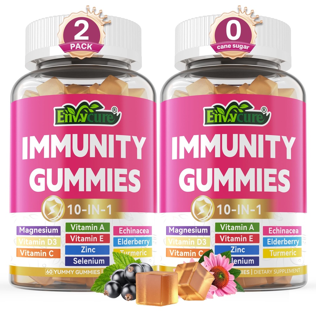 10 en 1 Apoyo Inmunitario Suplemento Gummies, w/Echinacea, Elderberry Vitamin C y Zinc, Selenium, Vitamina D3 5000IU, Magnesium, Daily Immune Booster Multivitamin, para Antioxidante Bone Energy, 2 Pack