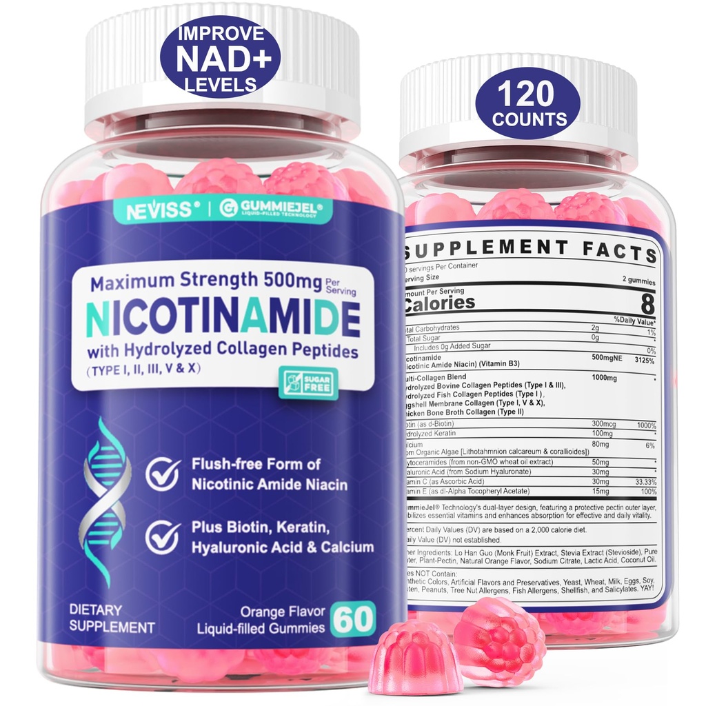 2 Pack - Nicotinamide 500mg Gummies, NAD+ Suplemento para Mujeres y Hombres / Peptidos de Collagen, (Flush Free Niacin) Vitamina B3 Niacinamida para Anti-Aging, NAD+ Niveles, Longevidad, Focus &amp; Brain, Sugar Free