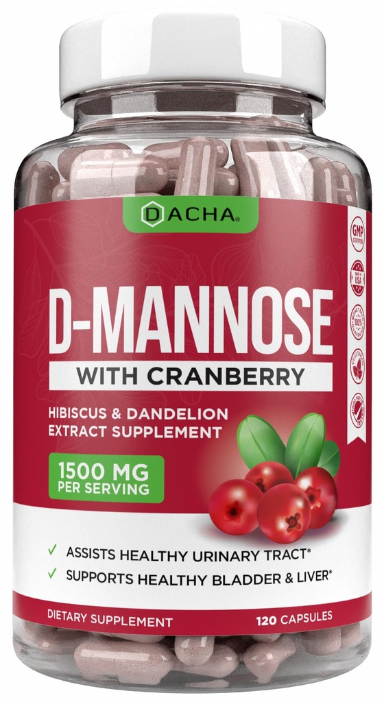 Natural D-Mannose Capsules 4-in-1 Fórmula - 120 CAPS, 1500 MG Cranberry, Dandelion, Hibiscus Flower Extract, Pills for Supporting Bladder and Urinary Tract Health