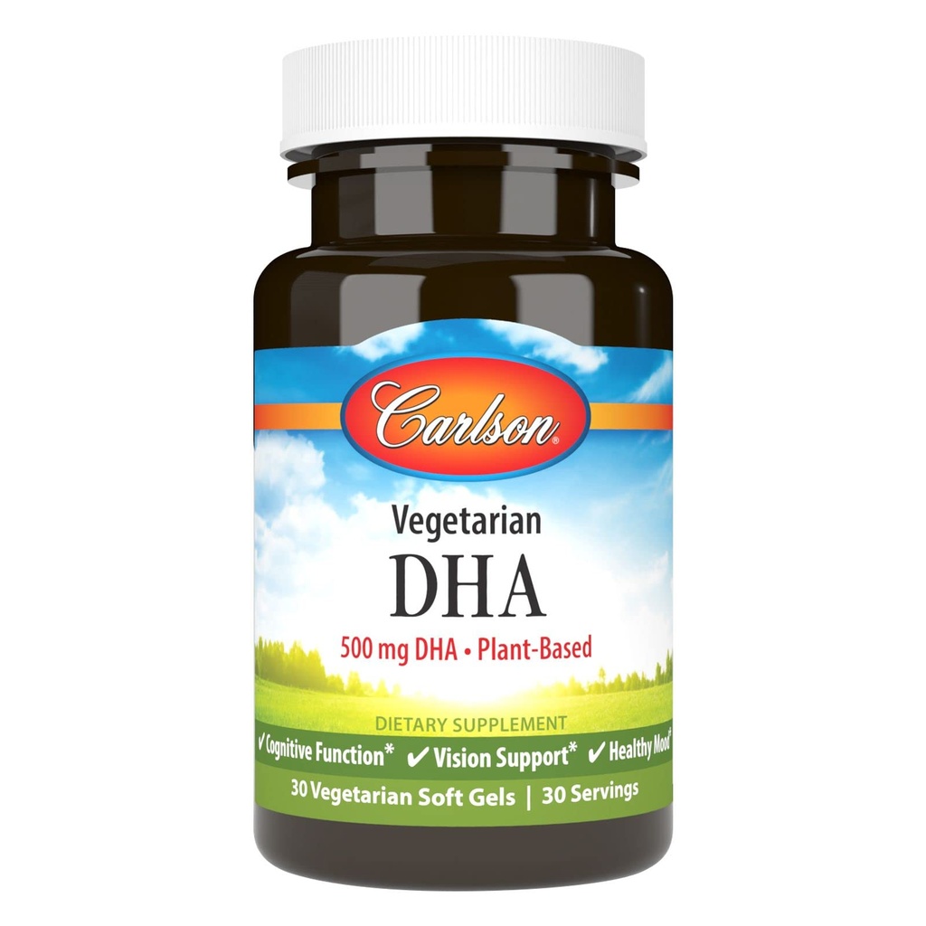 Carlson - Vegetarian DHA, 500 mg DHA, Planta Basada, Fuente sostenible de Algae, Apoyo Cerebral, Salud Mood, 30 Softgels
