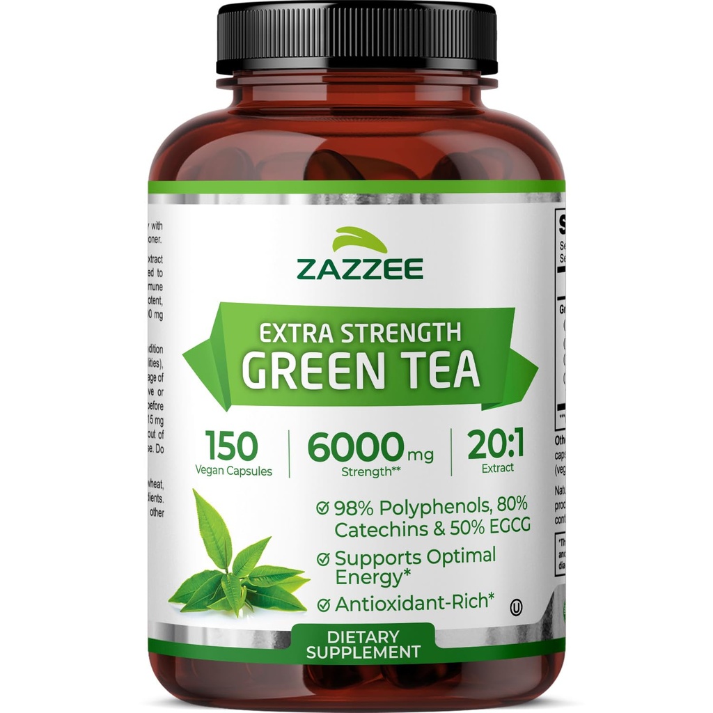 Zazzee Extra Strength Green Tea 20:1 Extract, 6000 mg Strength, 50% EGCG, 98% Polyphenols y 80% Catcehins, 150 capsules Vegan, 5 Month Supply, Standardized y concentrado 20X Potency, Non-GMO