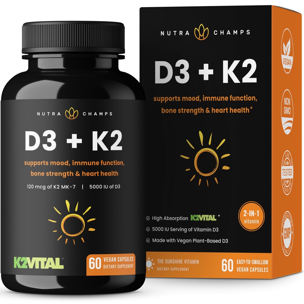 NutraChamps D3 con K2 MK7 Suplemento para la salud del corazón y el hueso TENIDO vitamina D &amp; K Complejo Ø 5000 UI de vitamina D 3 &amp; 100 mcg de vitamina K 2 MK-7 ANTE 60 Vitamina K2 D3 cápsulas