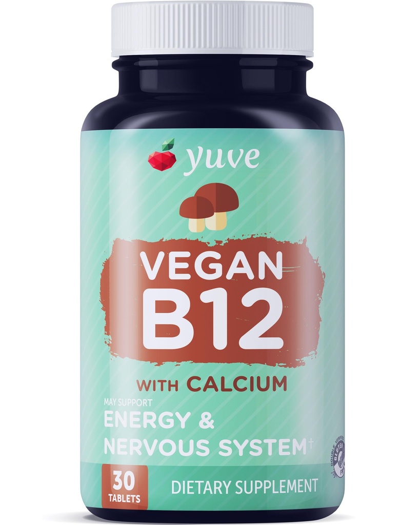 Yuve Vegan B12 con calcio para absorción máxima - Energía activa y sistema nervioso central Soporte - 1000mcg Cobalamin Vitamina B 12 - Natural, No GMO, Libre de gluten, Libre de azúcar - 30 Tabs