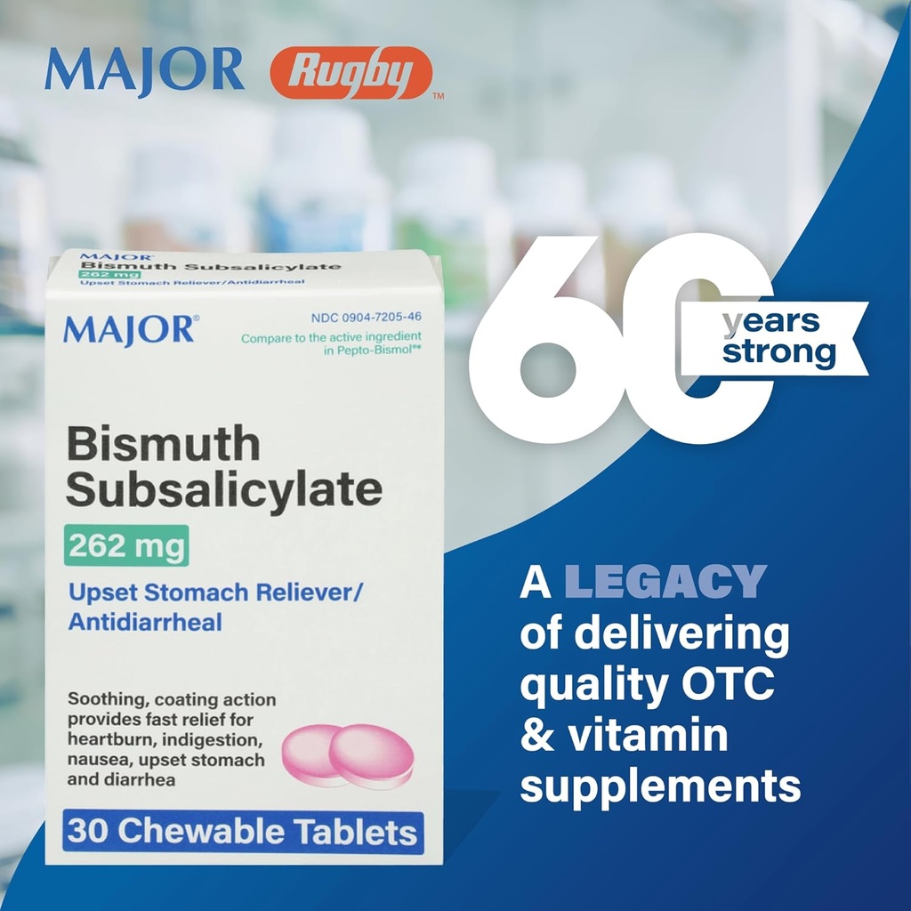 MAJOR Bismuth Subsalicylate 262mg Chewables - Ofertas Heartburn, Indigestion, Nausea, Diarrhea y Upset Stomach Relief - Antidirrheal - 30 Tablets Chewable