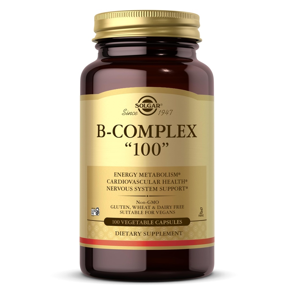 Solgar B-Complex "100", 100 cápsulas vegetales - Nervous System Support - Supports Energy Metabolism - Non-GMO, Vegan, Gluten Free, Dairy Free, Kosher - 100 Servings