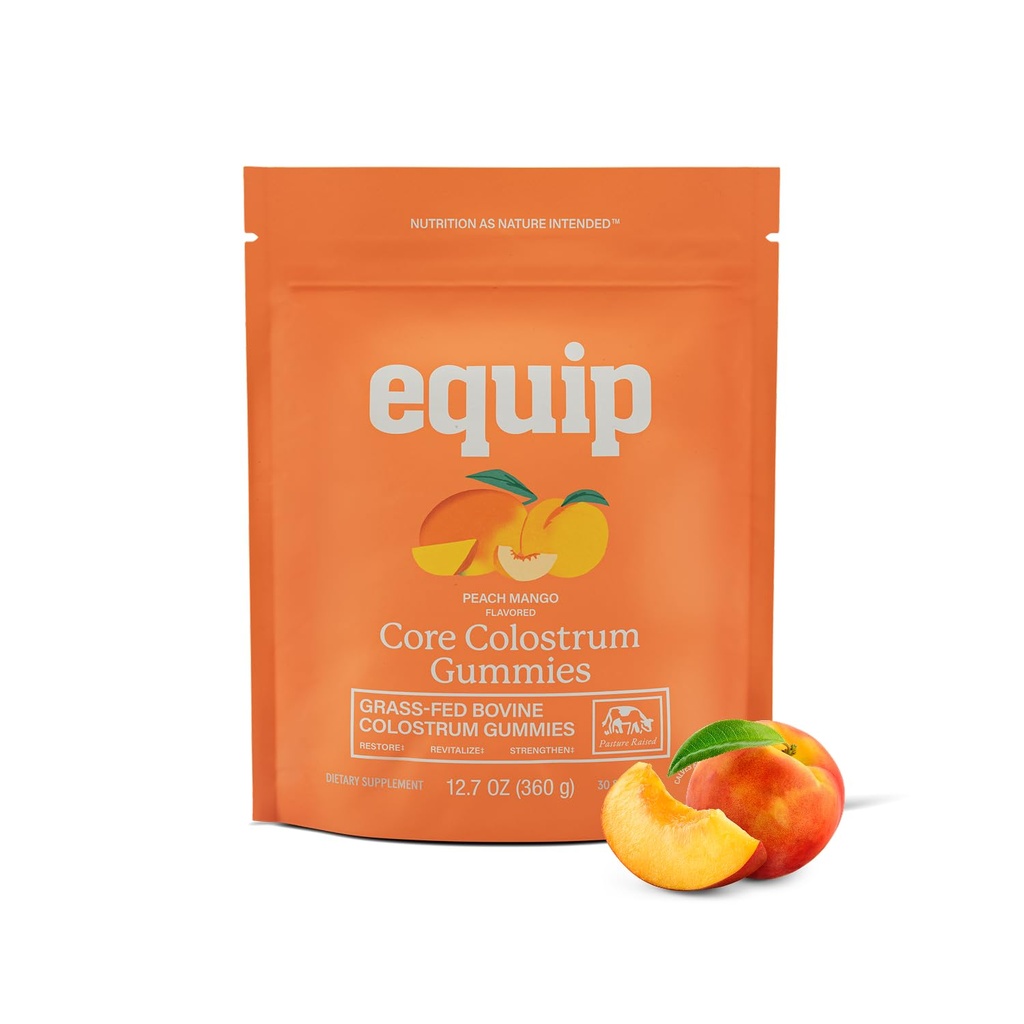 Equip Foods Core Bovine Colostrum Gummies, Delicious 1g Per Seving Grass Fed Colostrum Suplemento - Gut Health, Immunity, Recovery, Hair & Skin - 60 Bovine Colostrum Gummies, 30 Servings, Peach Mango