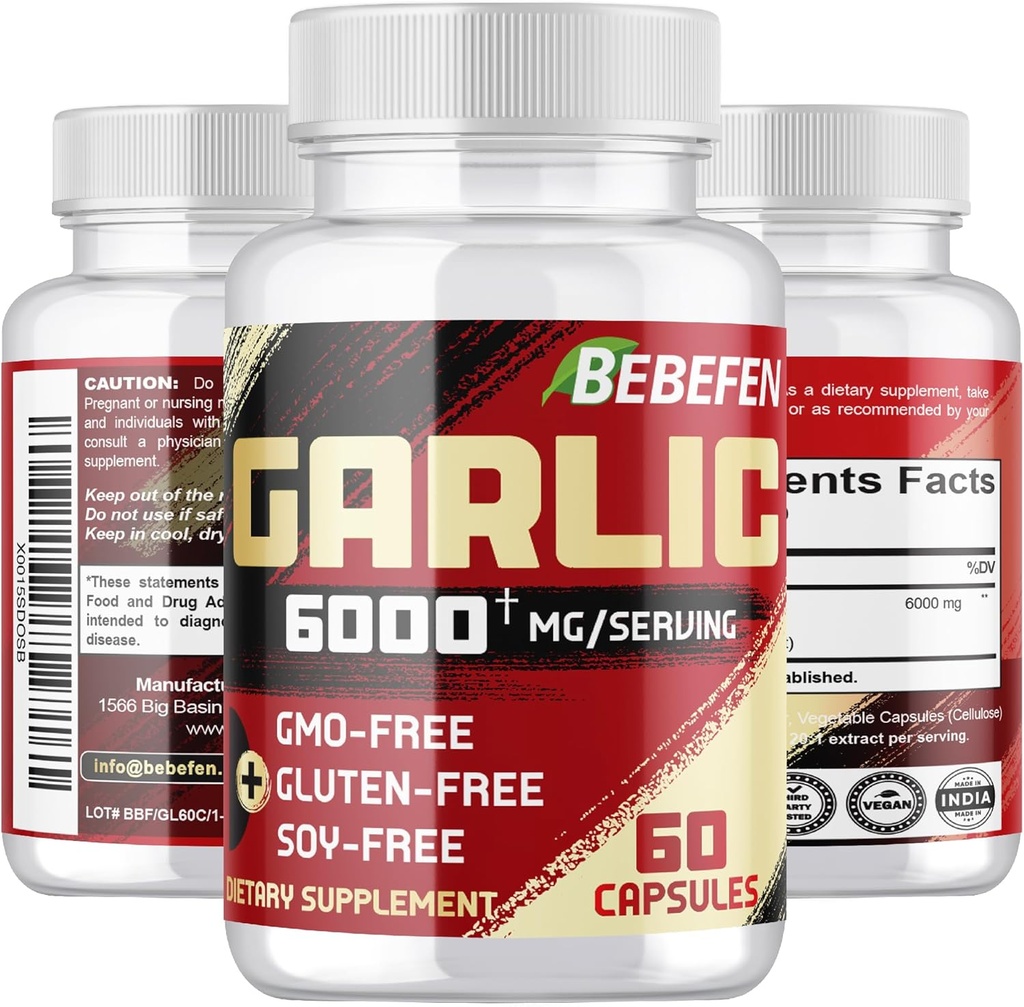 BEBEFEN Suplementos de ajo - Extracto de ajo cápsulas para el sistema digestivo, Immune Health &amp; General Well-Being - Vegetariano, No GMO