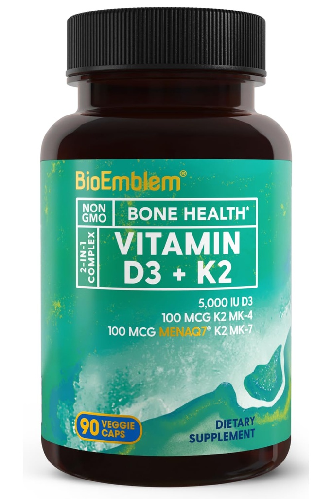 BioEmblem Vitamin D3 K2 Capsules (5000IU y 200mcg) - Patented MK7 and MK4 for 3-in-1 Complex Support - Vegetarian Vitamina D K2 Supplement for Teeth, Heart, Immune System - Non-GMO, 90 Caps