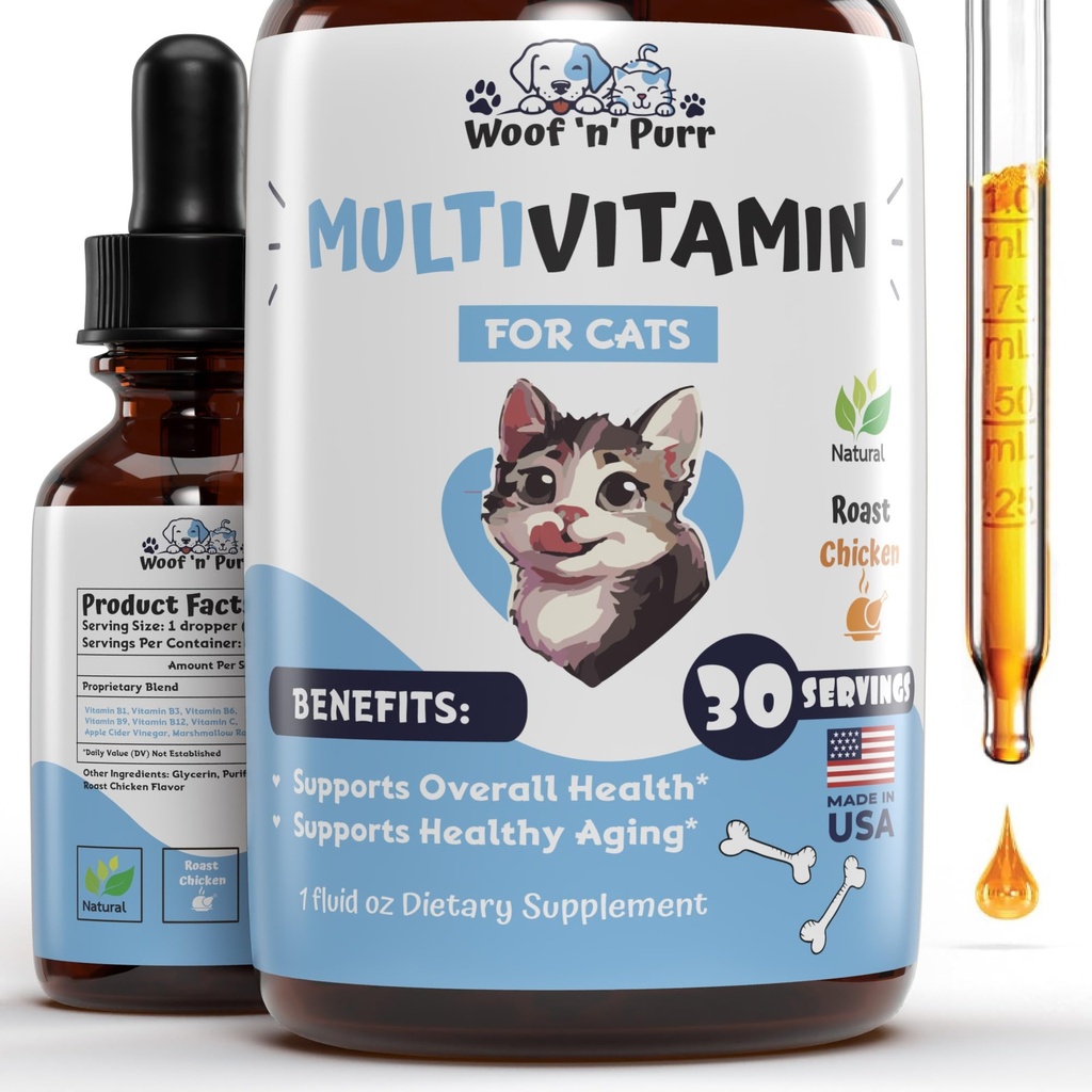 Cat Multivitamin - Promueve la piel saludable " Cuna, Soporte conjunto, Longevidad " Más - Vitaminas de gato - Suplementos de gatos " Vitaminas de gato para gatos interiores - Vitaminas de gatito - Cat Immune Support - 1oz