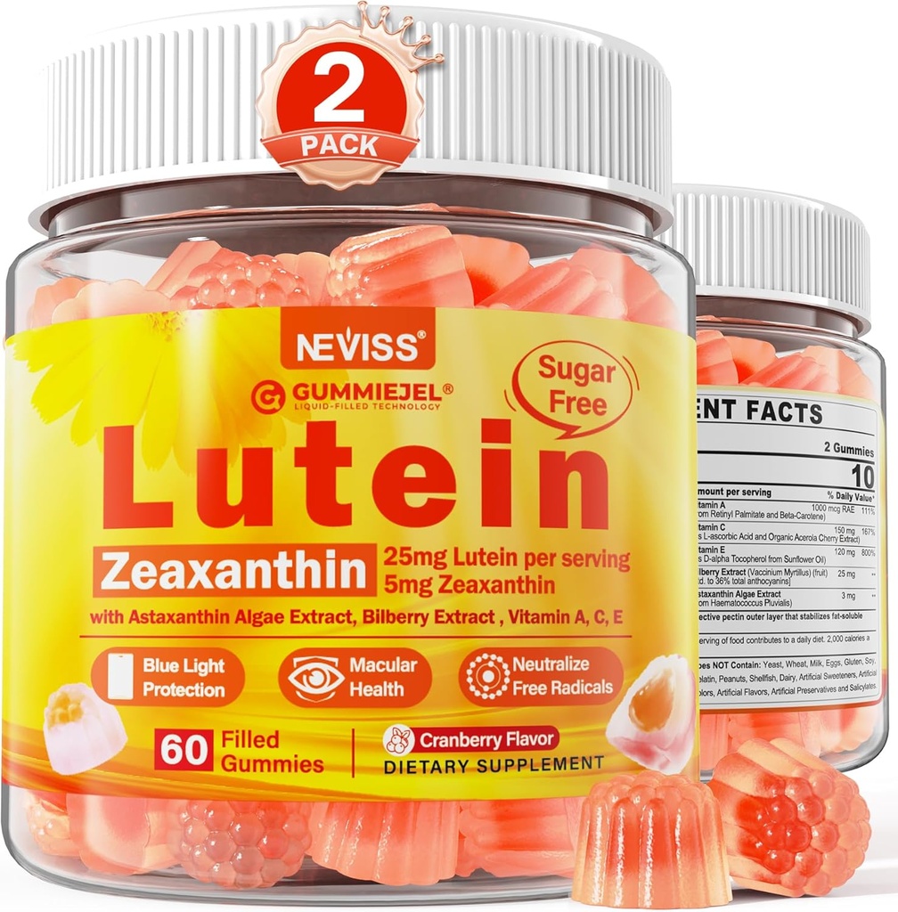 2 Pack Lutein y Zeaxanthin Suplementos Gummies (25mg) Vitaminas A, C, E, Bilberry, Astaxanthin - Aceite de coco para una mejor absorción - para adultos &amp; adolescentes visión, ojo, cerebro, piel - Vegan, azúcar gratis