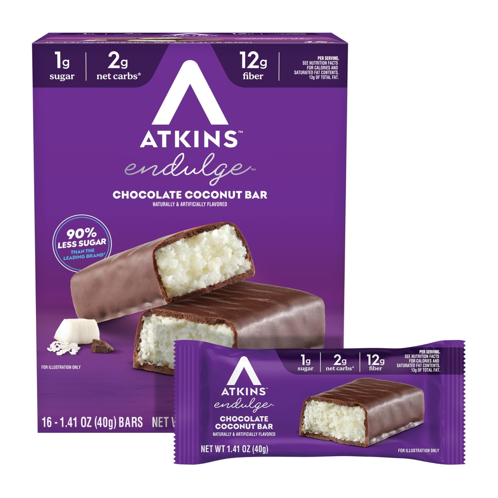 Atkins Endulge Chocolate Coconut Flavored Bar, Bajo Sugar Treat, Alto en Fiber, 16 Conde