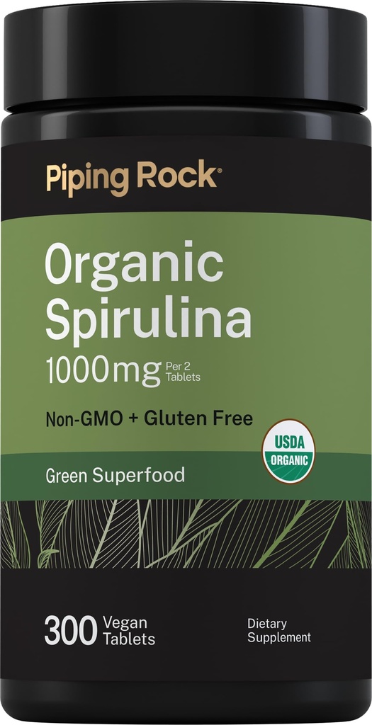 Piping Rock Espirulina Orgánica TENIDO 1000mg ANTE 300 Tablets ANTE Arthrospira Platensis ANTE Vegetarian, Non-GMO, Gluten Free Supplement