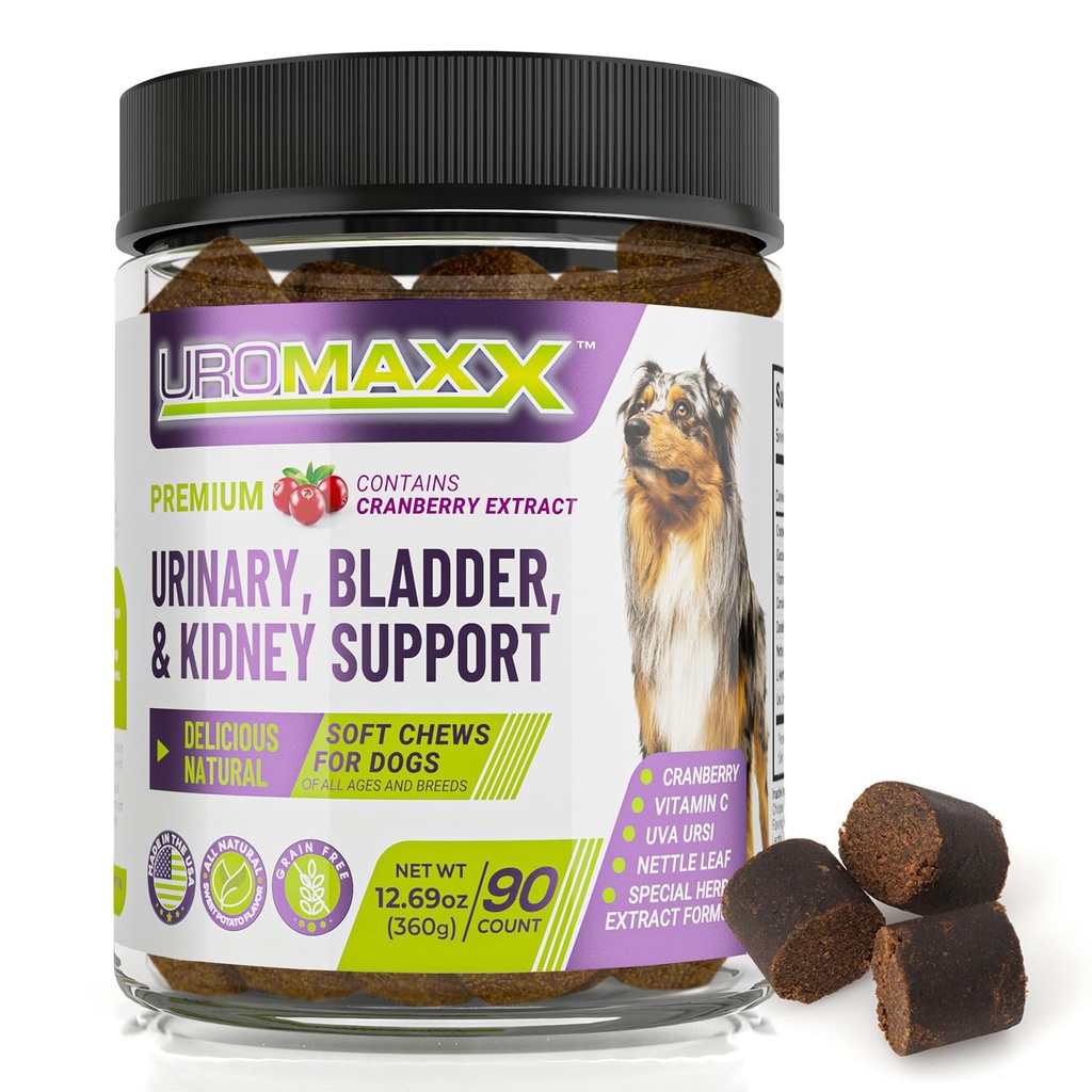 Tratamiento de la infección de la tractrinaria de perros, ayuda para perros, cuidado de mascotas potente, cerdas suaves naturales con arándano y glucosamina, hecho en los EE.UU., sabor de pollo, 90 cuenta, 1 paquete
