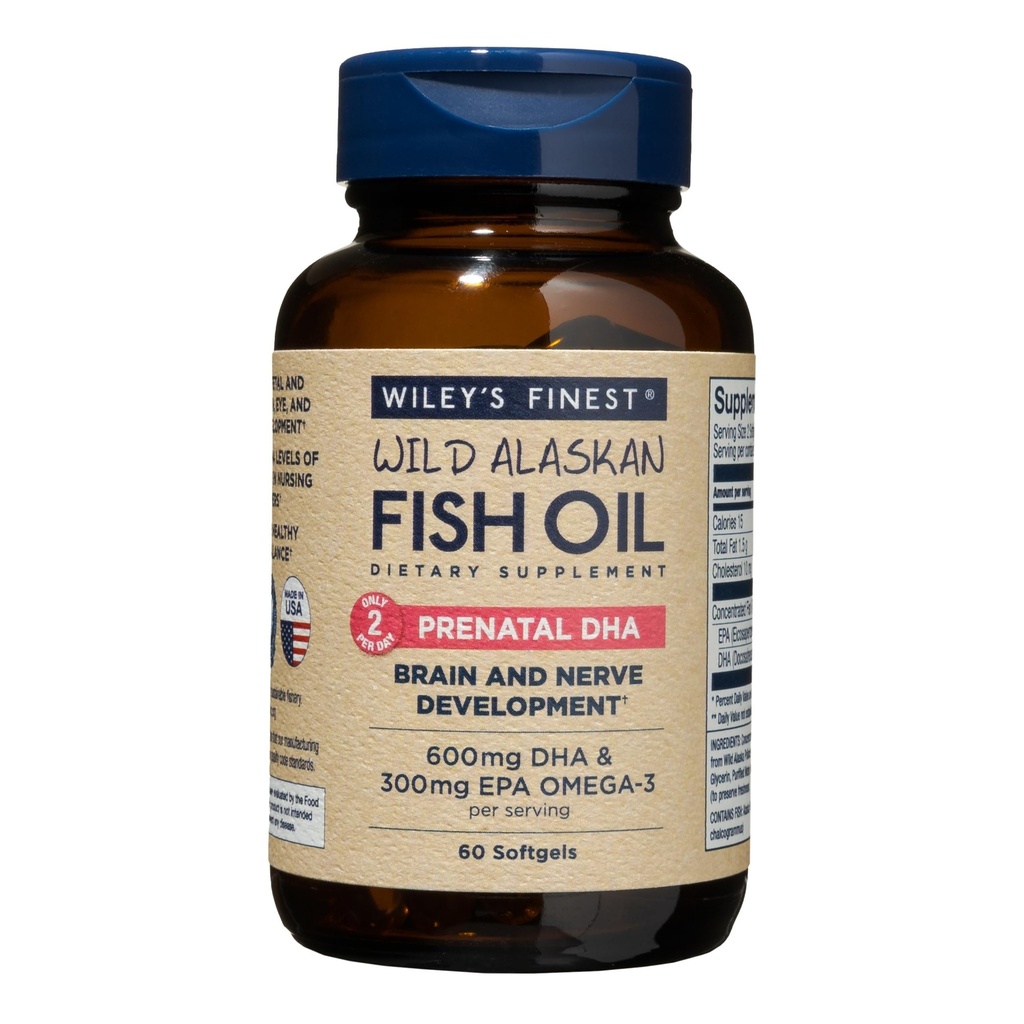 Wiley's Finest Wild Alaskan Fish Oil Prenatal DHA - 900mg EPA y DHA Omega-3 para mujeres embarazadas y madres de enfermería - 60 Softgels (30 servicios de vitamina prenatal)