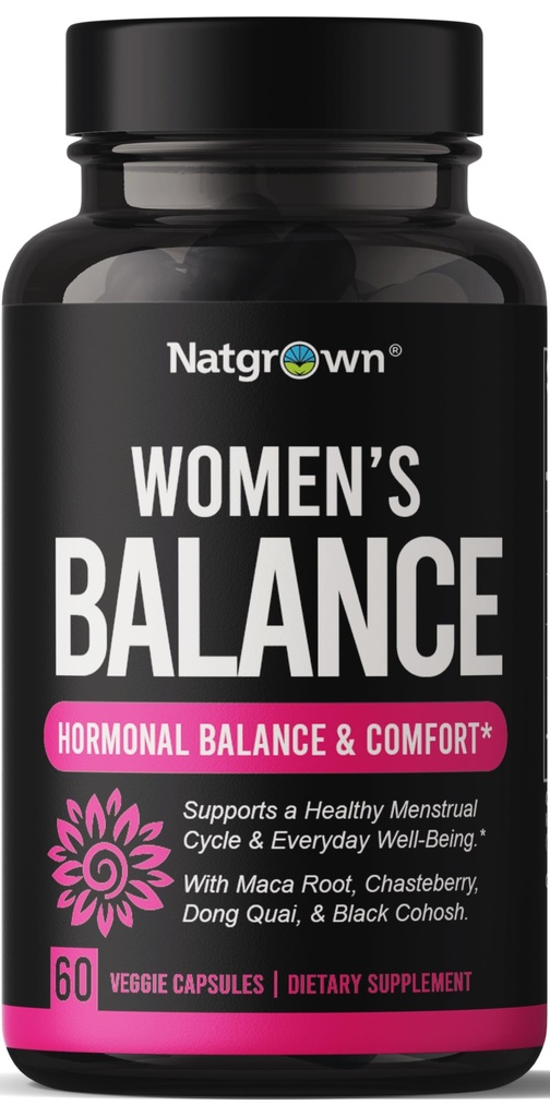 Saldo de hormonas natgrown para mujeres PMS &amp; Menopause Suplemento para la fertilidad Hormonal &amp; Menstrual Soporte, ayuda a aliviar los flashes calientes - Maca Root, Vitex, Dong Quai & Black Cohosh Complex -Vegan Capsules