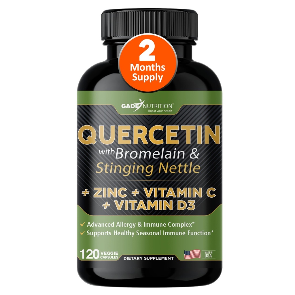 Quercetina con Vitamina C y Zinc - Nettle Quercetin - Quercetin 500mg - Quercetina con Bromelaina - Zinc Quercetina + Vitamina D3 - 120 Veggie Caps - (No-GMO, libre de gluten, Vegan) - 2 Month Supply