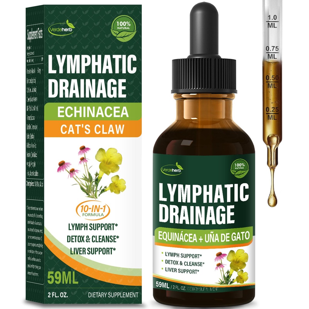 Cleavers Lymphatic Drainage Drops Enhance Lymph System Detox Cleanse, Echinacea, Milk Thistle, Cats Claw, Turmeric, Dandelion, Burdock Immune Support Suplemento. 2oz