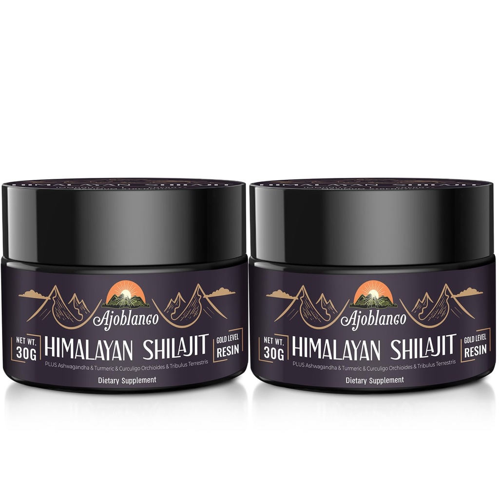 Ajoblanco 600mg Natural Himalayan Orgánica Shilajit Resin - Himalayan Gold Shilajit Resin with Organic Ayurvedic Blend in High Potency for Energy, Strength &amp; Immunity, Pack of 2