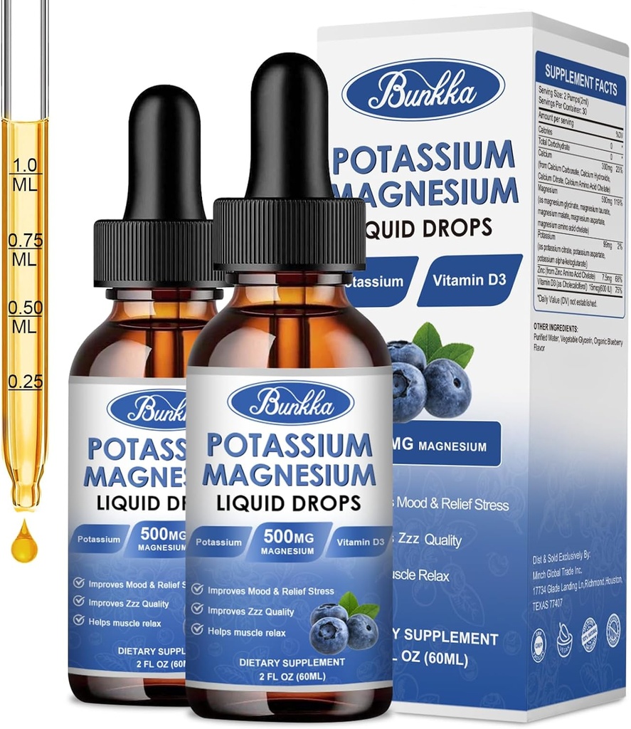 (2 Pack) Suplemento de magnesio de potasio líquido con potasio, magnesio, calcio, vitamina D3, zinc, para adultos y niños, sin azúcar