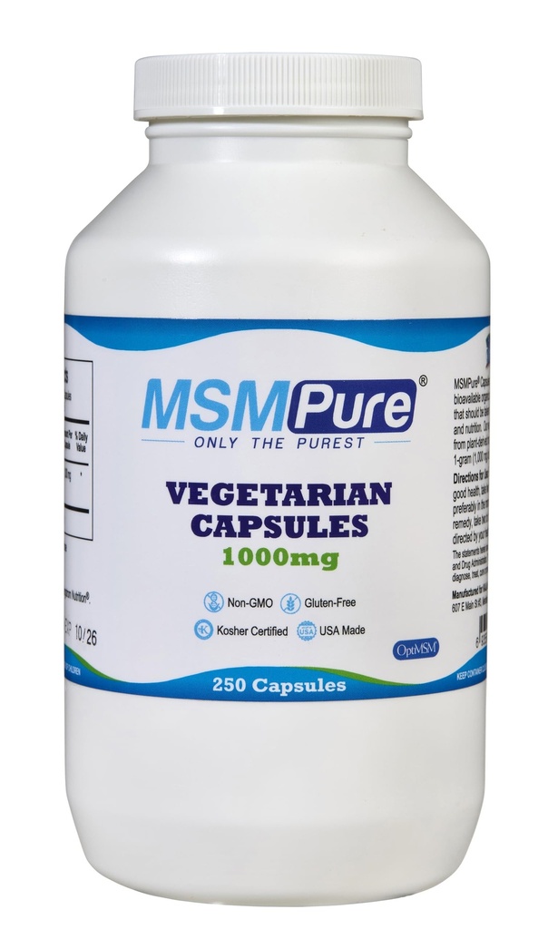 KALA HEALTH MSMPure MSM Vegetarian Capsules – 1000 mg US-Made MSM por cápsula para la salud conjunta, la apariencia de la piel, Hair & Nail Support – 250 Conde, Organic Sulfur