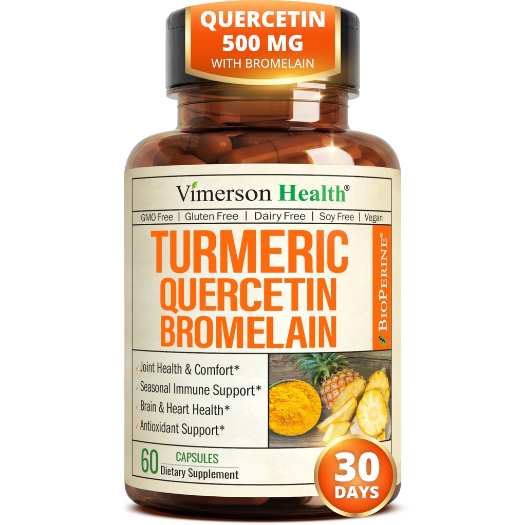 Quercetina con Bromelain Turmeric Curcumin Suplemento – Alivio de Alergia, Soporte Conjunto &amp; Inmuno – Suplemento Turmérico Orgánico con Pepper Negro (Bioperina) – 60 Quercetina 500mg cápsulas