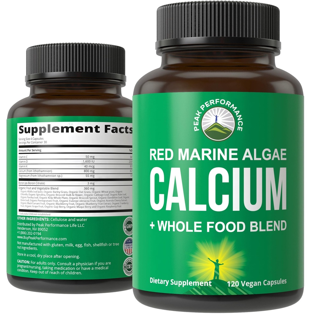 Calcio a base de plantas - Algas marinas rojas Suplemento de calcio con vitamina C, D3, K, Magnesio, y completo vegetal de alimentos. Cápsulas vegas para huesos y juntas. 120 pastillas, tabletas