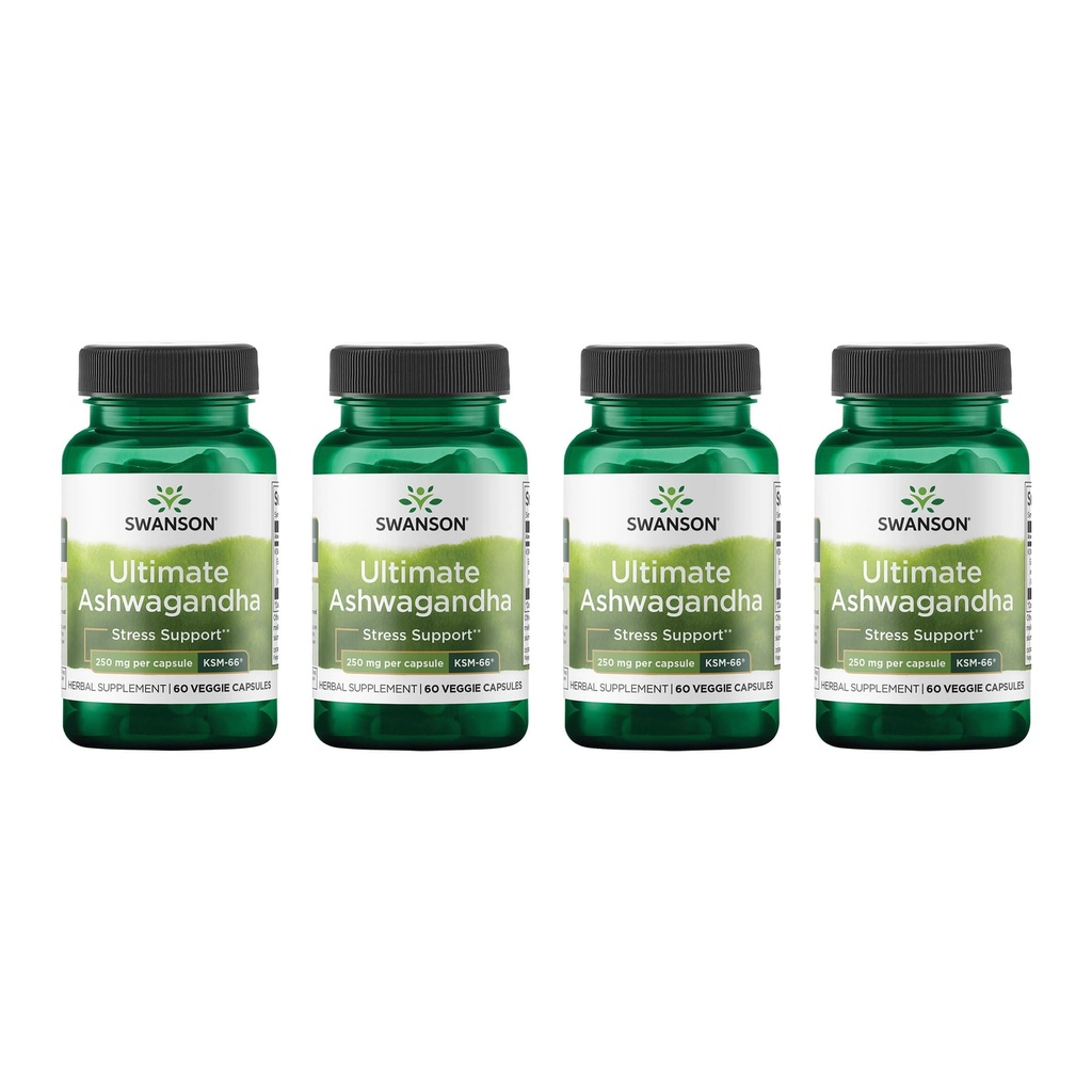 Swanson Ultimate Ashwagandha KSM-66 - Suplemento Herbal Apoyo a los niveles de estrés saludable " Relajación - Fórmula natural para promover una mentalidad calmada " - (60 cápsulas vegetarianas, 250 mg cada uno) (4 paquete)