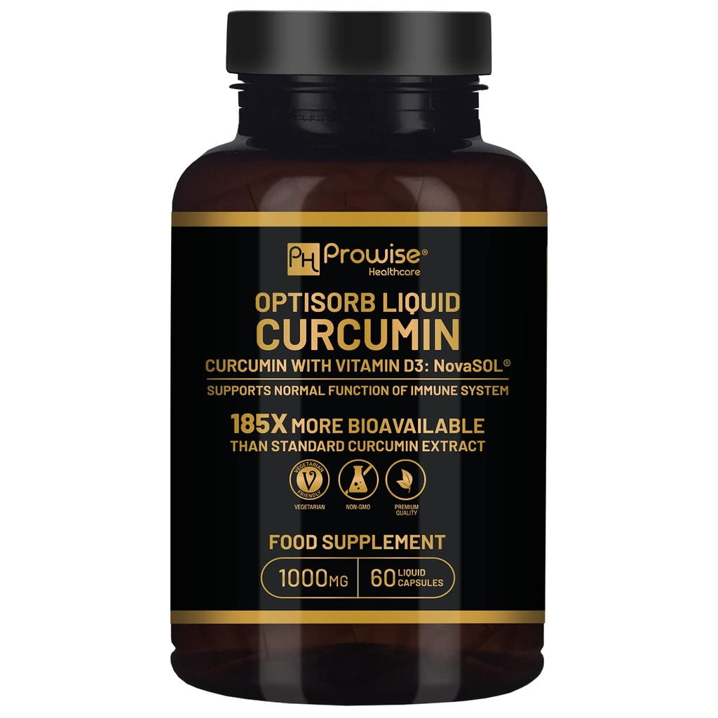 Optisorb Curcumina líquida con vitamina D - 60 Liqcaps TEN 185x Turmeric " Curcumin Bioavailability - Ultra Bioavailable ANTE Líquido cápsulas con 1000mg NovaSOL Daily Dosificación - Reino Unido Fabricado