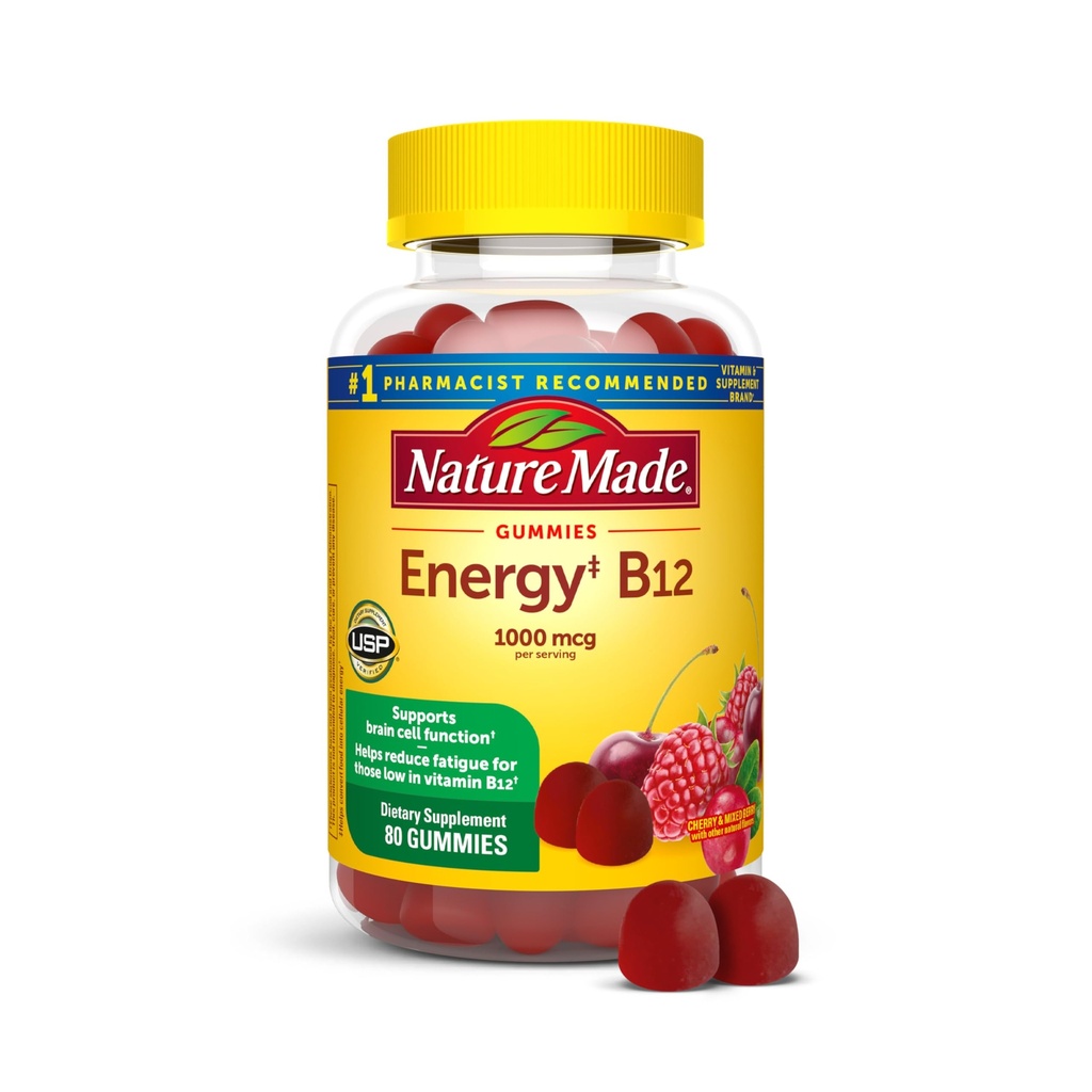 Nature Made Energy B12 1000 mcg, Dietary Supplement for Energy Metabolism Support, 80 Gummies, 40 Day Supply El embalaje puede variar