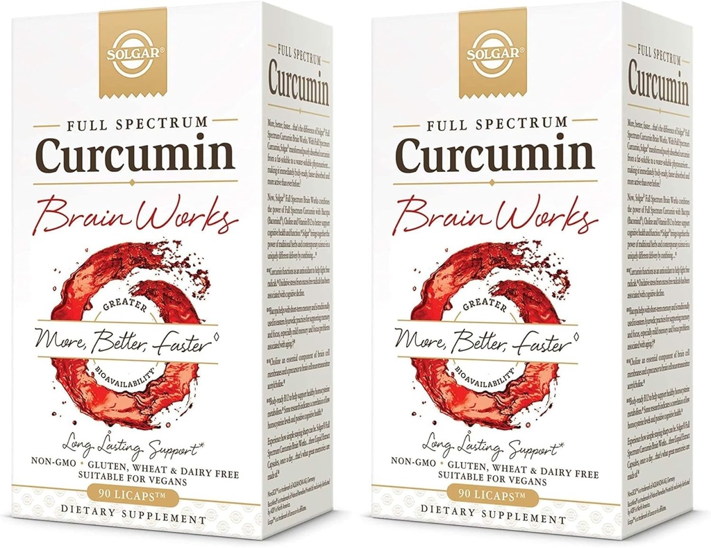 Solgar Full Spectrum Curcumin Brain Works, 90 Licaps - Support Memory Recall, Focus, Cognitive Function - Antioxidant Support - Curcumin, BacoMind, Choline, Vitamina B12 - Non-GMO, Vegan - (Pack of 2)