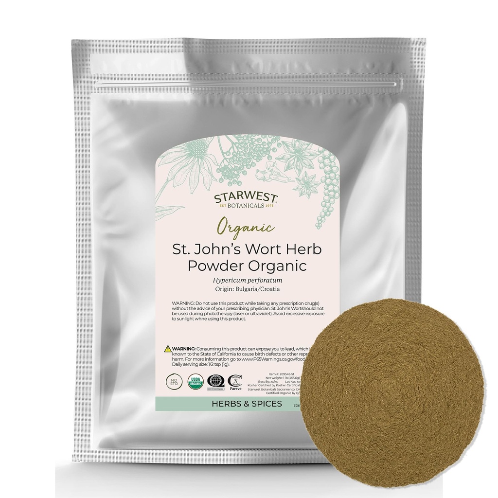 Botánicos más estrella del oeste Polvo orgánico de San Juan - Herb seco para té, hecho de la flor de hierba de San Juan, apoya la relajación, Kosher certificado, no GMO - Bulk 1 lb Bolsa