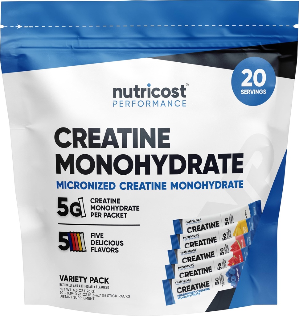 Nutricost Creatine Monohydrate Variedad Stickpacks (5 Sabores, 20 Servings) - Micronized, 5 Grams of Creatine Monohydrate Por Pack