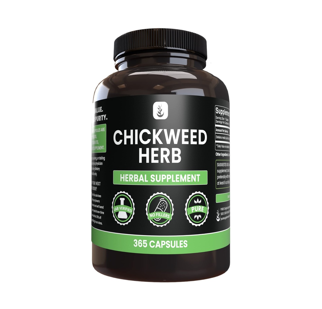 PURE ORIGINAL INGREDIENTES Chickweed Herb, (365 capsules), No Magnesio Or Rice Fillers, Siempre Puro, Lab Verificado