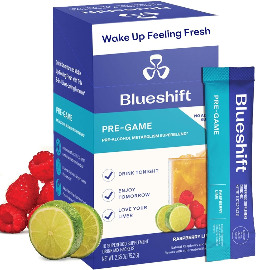 Blueshift Pre-Game - Pre Drinking NAC Suplemento, Electrolytes Powder Packets, Hydration Packets, Liver Support with Ginger, Cysteine, Milk Thistle, No Sugar Powder Sticks (10 Pack)