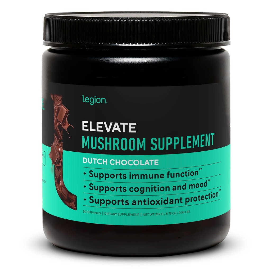 LEGION Elevate Mushroom Supplement Powder - Mushroom Blend of Lions Mane Powder, Reishi Powder " Beta-Glucan- Mushroom Powder to Boost Immune System, Mood " Performance Dutch Chocolate (30 Servings)