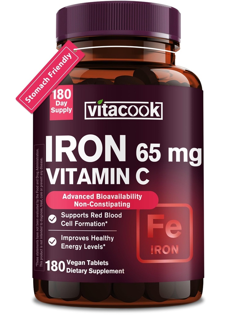 Suplemento de hierro para mujeres hombres, Hierro de alta potencia 65 mg con vitamina C 250mg, píldoras de hierro amigable para células rojas de sangre &amp; apoyo inmunológico, sin GMO &amp; Gluten Free,180 tabletas Vegan
