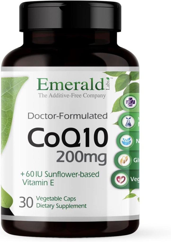 EMERALD LABS CoQ10 200mg - Suplemento de Wellness Premium con Vitamina Natural E - Apoya Antioxidante, Circulación, Energía & Corazón Salud - 30 cápsulas (30-Day Supply)