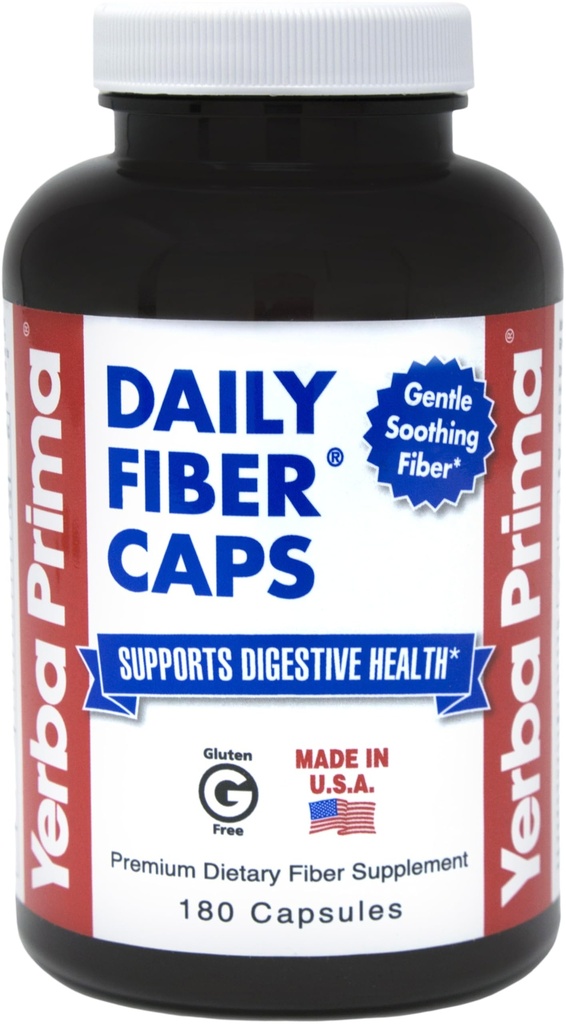 Yerba Prima Daily Fiber Caps - 180 Capsules - Soluble & Insoluble Suplemento dietético - Colon Cleanse - Gut Health - Vegan, Non-GMO, Gluten-Free