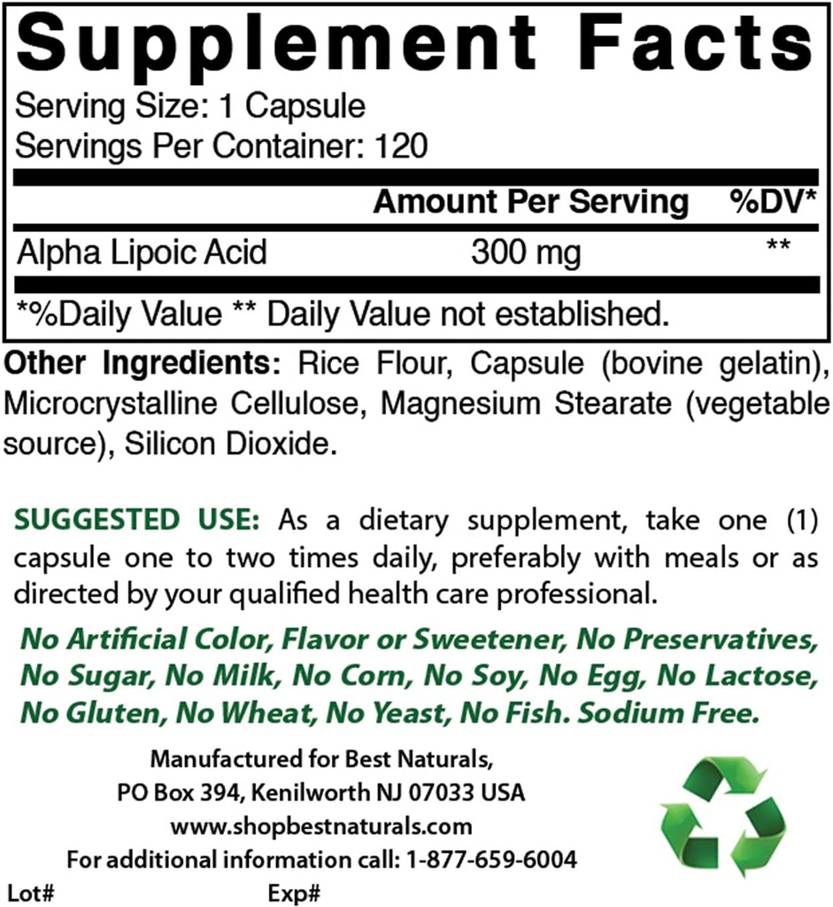 Mejores Naturales Ácido Lipoico alfa 300 mg " COQ10 100 mg
