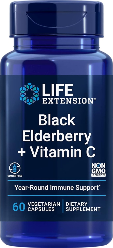 Extensión de vida Black Elderberry + Vitamina C, Soporte diario de inmune de Elderberry & Vitamin C, Gluten Free, No GMO, Vegetariano, 60 cápsulas
