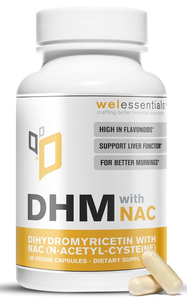 Dihidromyricetina DHM con NAC - 650mg x 60 cápsulas - 300mg N-Acetyl-Cysteine, 350mg Dihidromyricetin - Max Strength Suplemento dietético para el soporte del hígado, hidratación