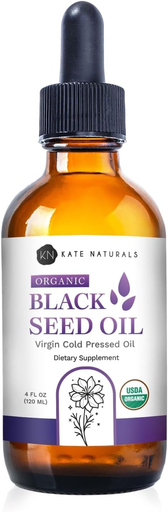 Kate Naturals Organic Black Seed Oil (4oz, Virgin, Cold Pressed, Non-GMO) Liquid Nigella Sativa para Immune Support " Digestion. Puro aceite de comino negro para el cabello y la piel