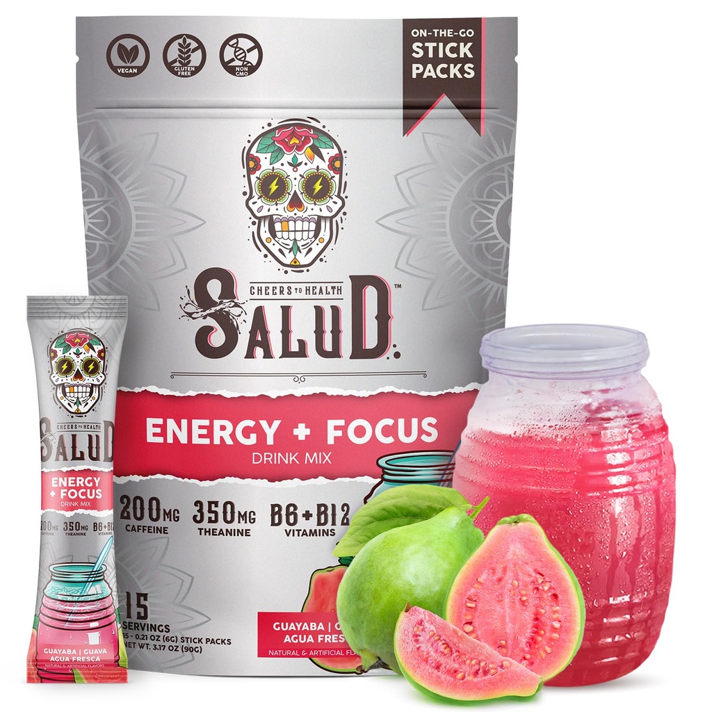 Salud 2-en-1 Bebida Energética Powder + Focus, Guava, Caffeine Orgánica, B6 + B12, Theanina, Packets de Bebida en Energía Limpia, Guayaba Agua Fresca Mix, Non-GMO, Gluten Free, Vegan, 1g de Sugar, (15 Servings)