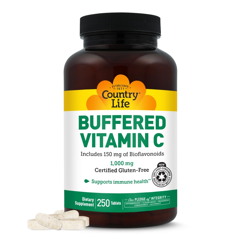 Vida en el País Vitamina C 1000mg con Bioflavonoides, Calcio, Magnesio, Potasio - Apoyo Inmunitario, Capsules Veganos, Libre de gluten, Gentle on Stomach - 250 Tablets