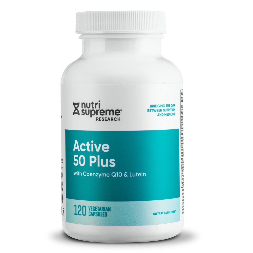 Nutri Supreme Active 50 Plus, CoQ10, Lutein, ALA y Turmeric, Advanced Formula for Healthy Aging and Vitality, 120 Vegetable Capsules