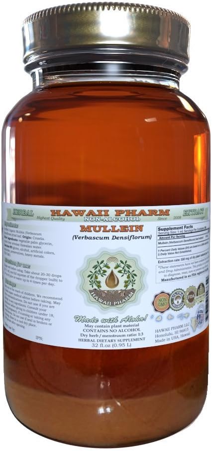 Resumen líquido libre de alcohol Mullein, Mullein orgánico (Verbascum densiflorum) Flor seca Glicérite Natural Herbal Suplemento, Hawaii Pharm, USA 32 oz Sin filtrar