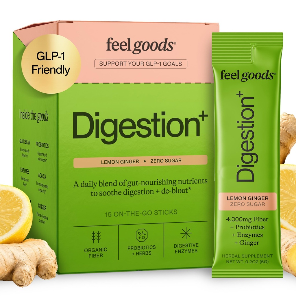 Feel Goods Gut Guardian, Fibra orgánica, Pólvora prebiótica, Gratuita de azúcar, hierbas para rubor, Gut Health Support, Digestive Health for Men &amp; Women, Non GMO, Vegan, Lemon Ginger, 15 Conde