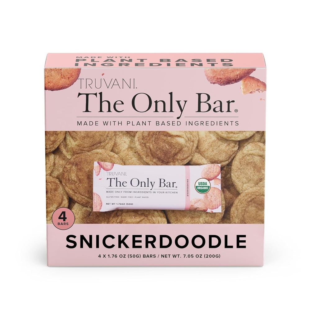 Truvani Plant Based Snack Bars ← Snickerdoodle 4 Pack ← 5g Protein  USDA Orgánica y Vegan ← El único bar  durable Dairy, Soy y Gluten Free ← Inmediatamente Wrapped
