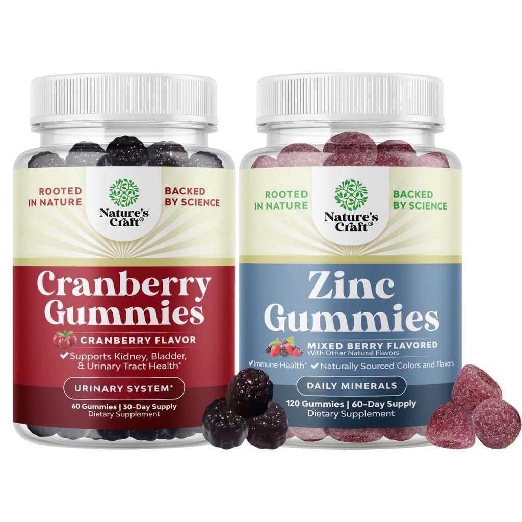 Bundle of Natural Cranberry Gummies for Women and Men and Extra Strength Zinc for Adults - Extra Strength Delicious Antioxidant Cranberry Chews - Chewable Zinc Citrate 50mg Inmunity